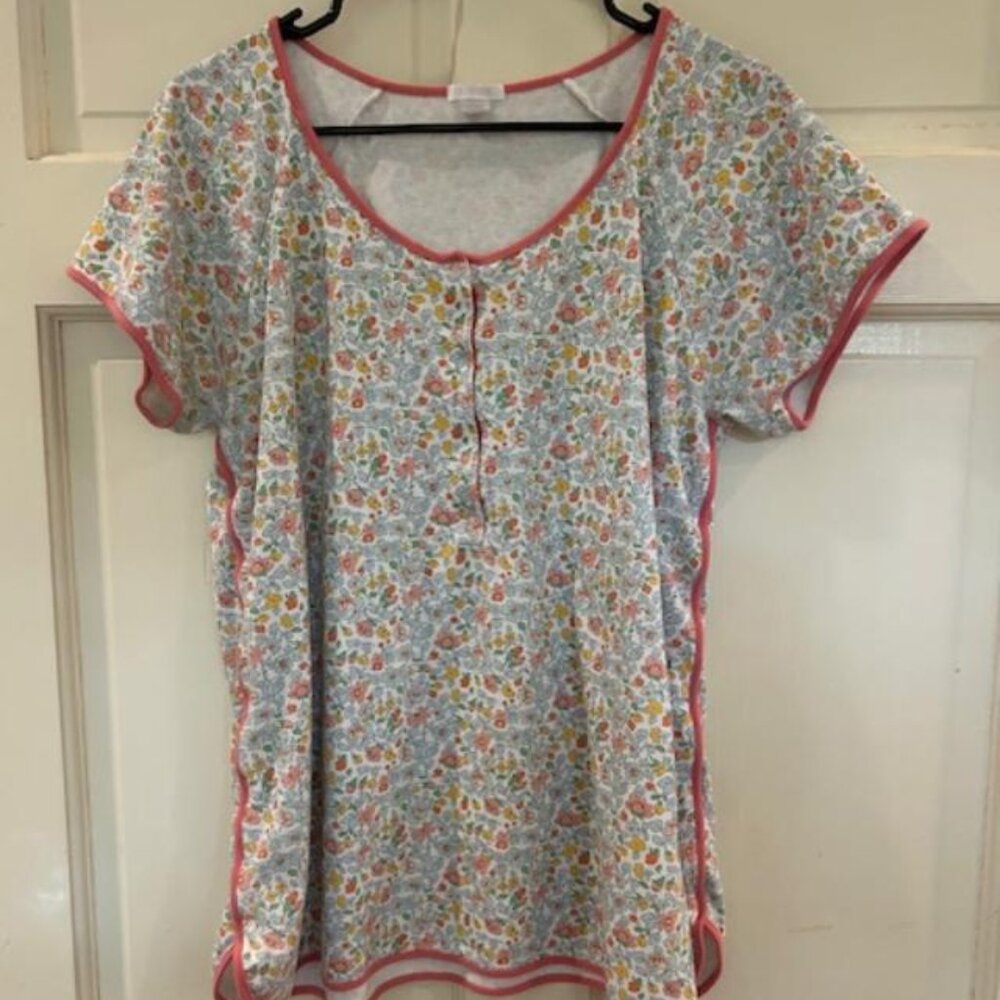 Women’s Floral Short Sleeve Pajama Top with Pink Trim